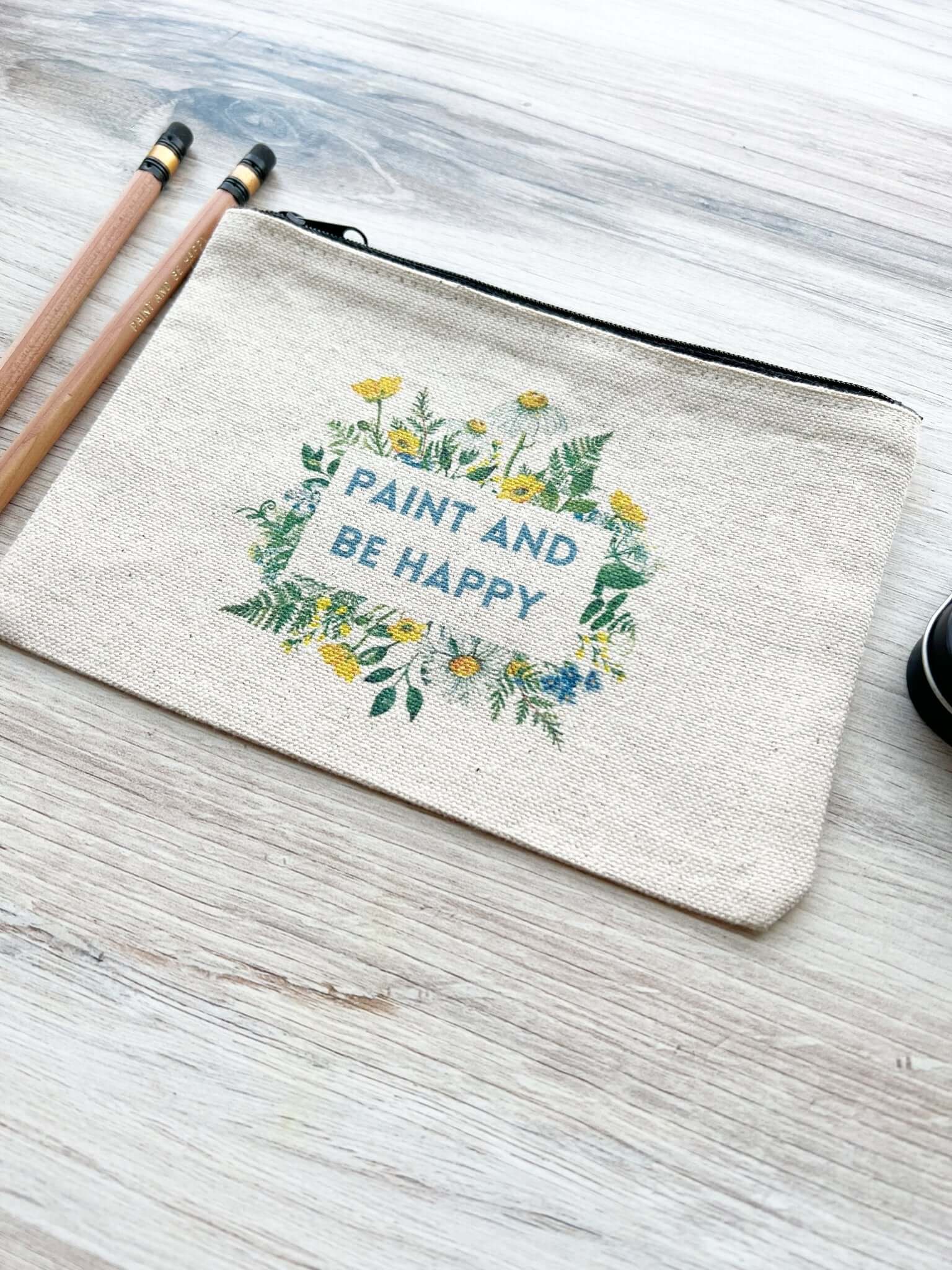 Blue and Yellow Floral Paint and Be Happy Canvas Zip Pouch 5" x 7"