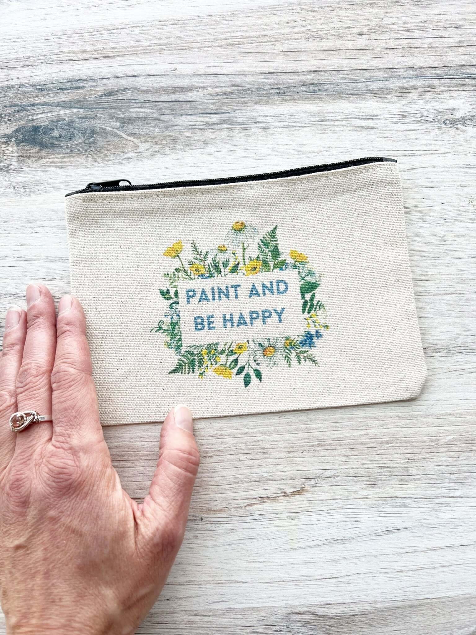 Blue and Yellow Floral Paint and Be Happy Canvas Zip Pouch 5" x 7"