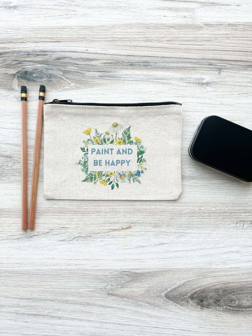 Blue and Yellow Floral Paint and Be Happy Canvas Zip Pouch 5" x 7"
