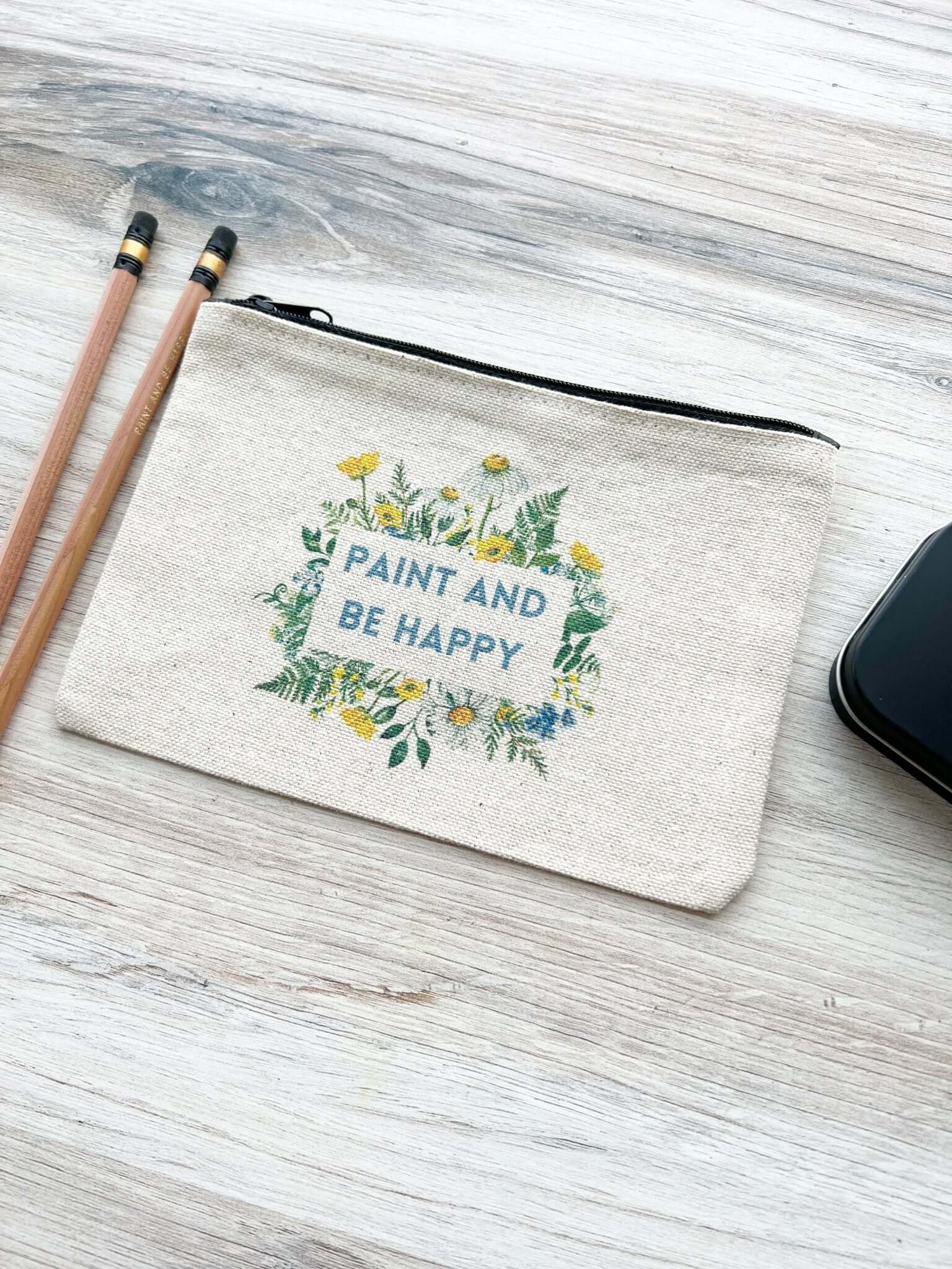 Blue and Yellow Floral Paint and Be Happy Canvas Zip Pouch 5" x 7"