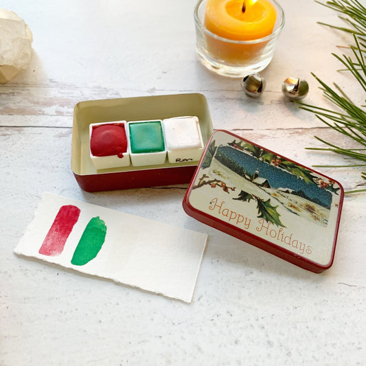 Happy Holidays Vintage Christmas Set, a set of 3 handmade watercolors in a vintage Christmas tin