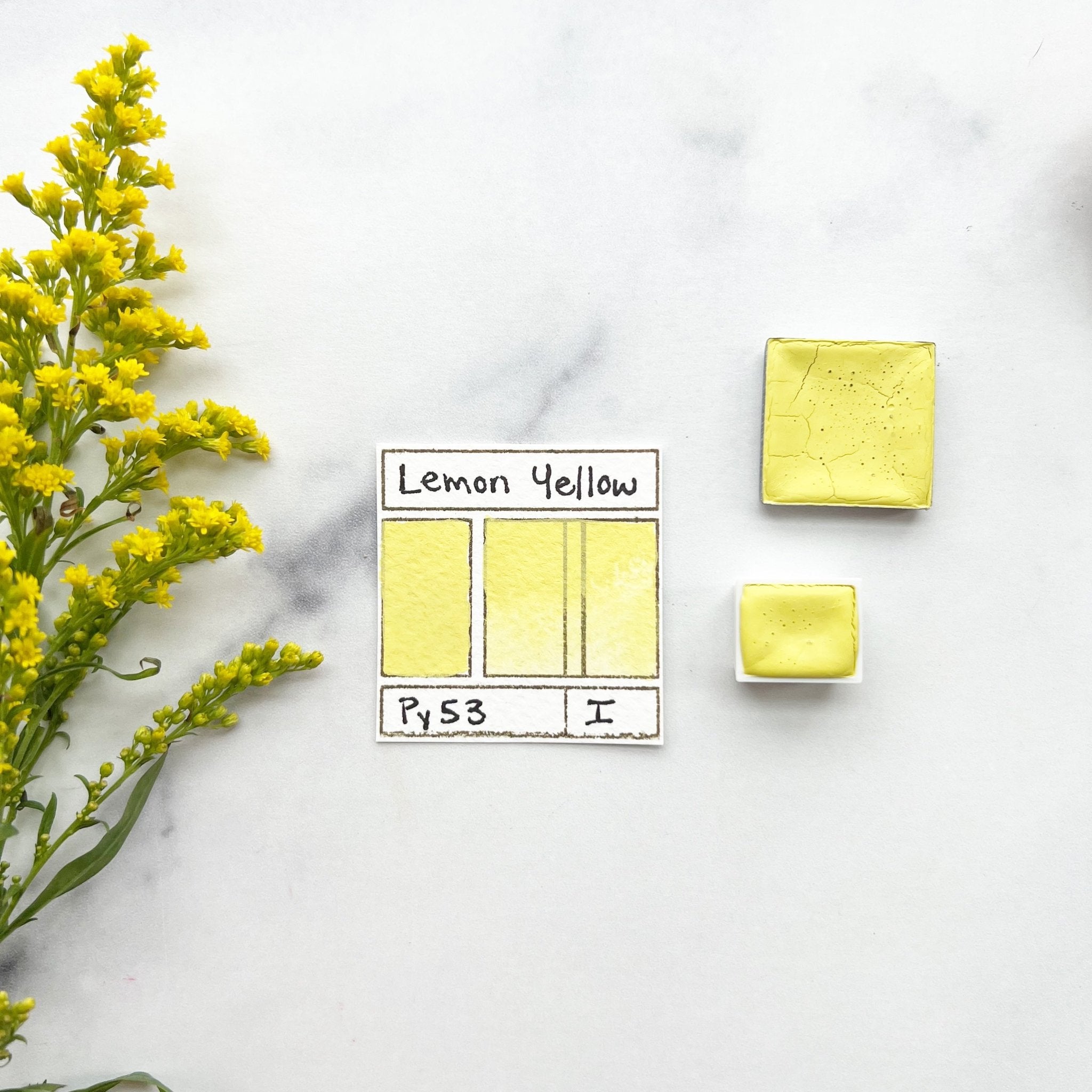 Lemon Yellow. Half pan, full pan or bottle cap of handmade watercolor paint