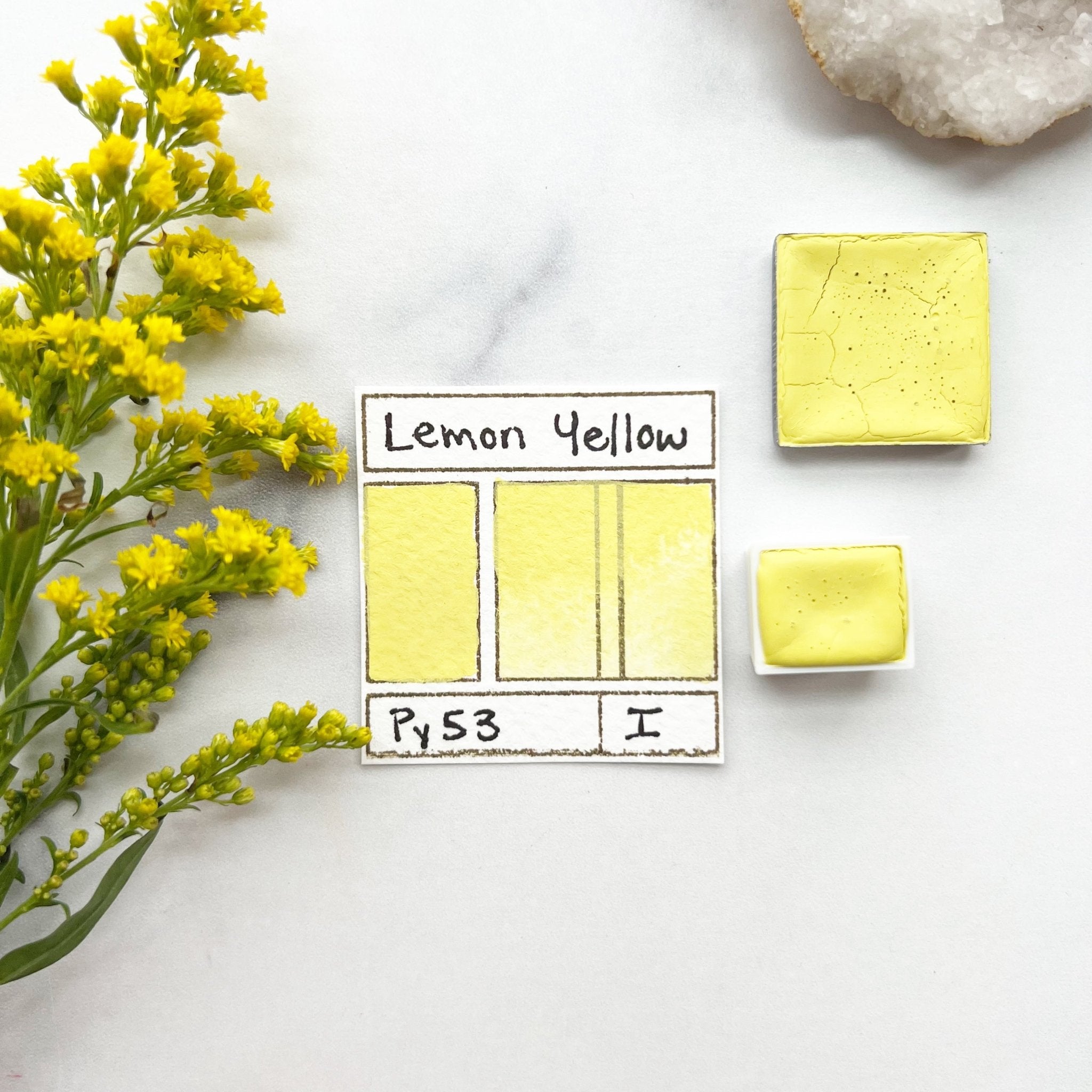 Lemon Yellow. Half pan, full pan or bottle cap of handmade watercolor paint
