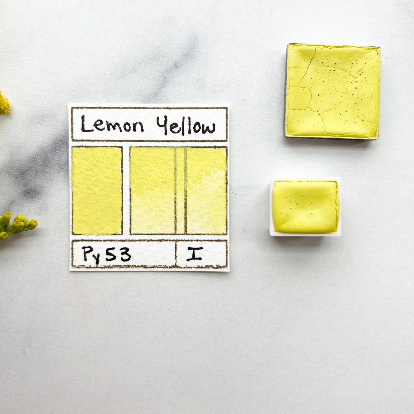 Lemon Yellow. Half pan, full pan or bottle cap of handmade watercolor paint