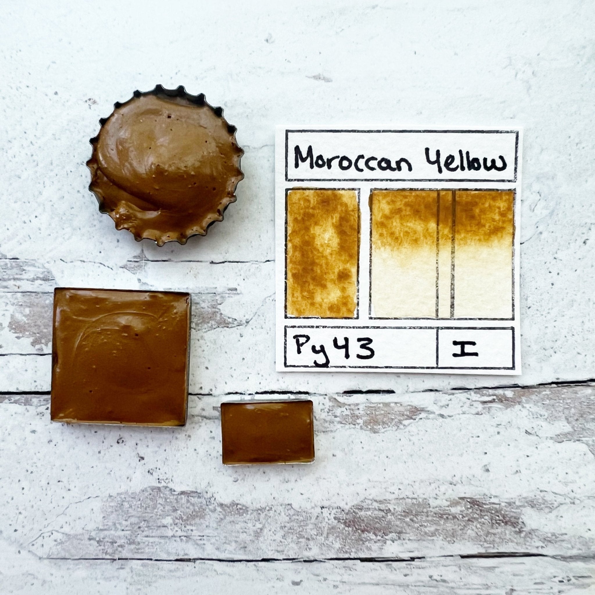 Moroccan Yellow Ocher. Half pan, full pan or bottle cap of handmade watercolor paint