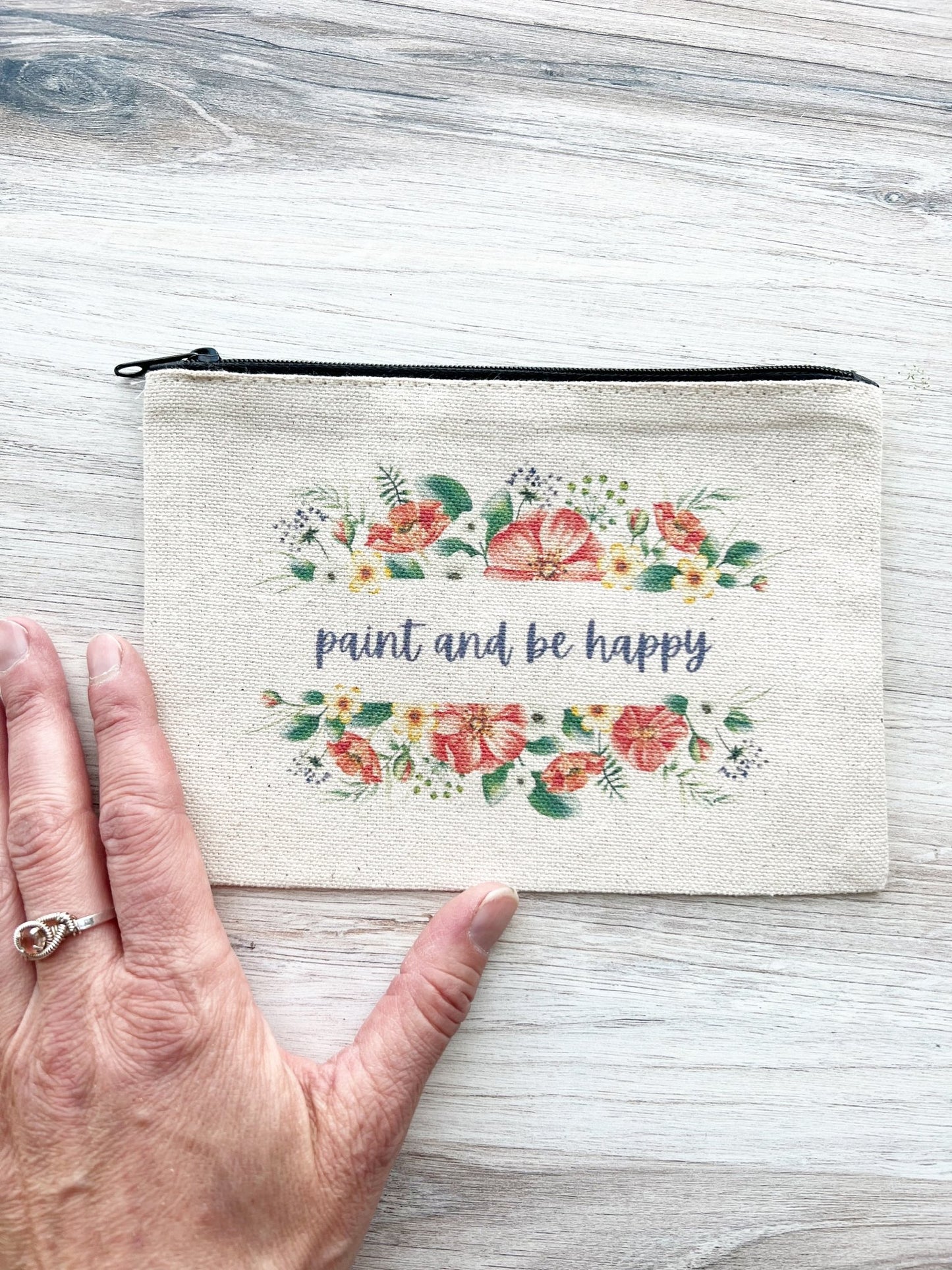 Red Floral Paint and Be Happy Canvas Zip Pouch 5" x 7"