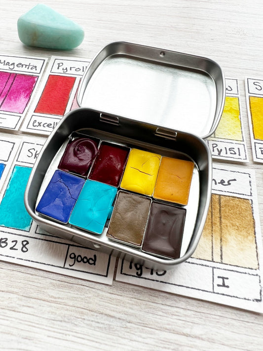 The Long Days Traveler's Palette, 8 colors of handmade paint in a travel tin - Ruby Mountain