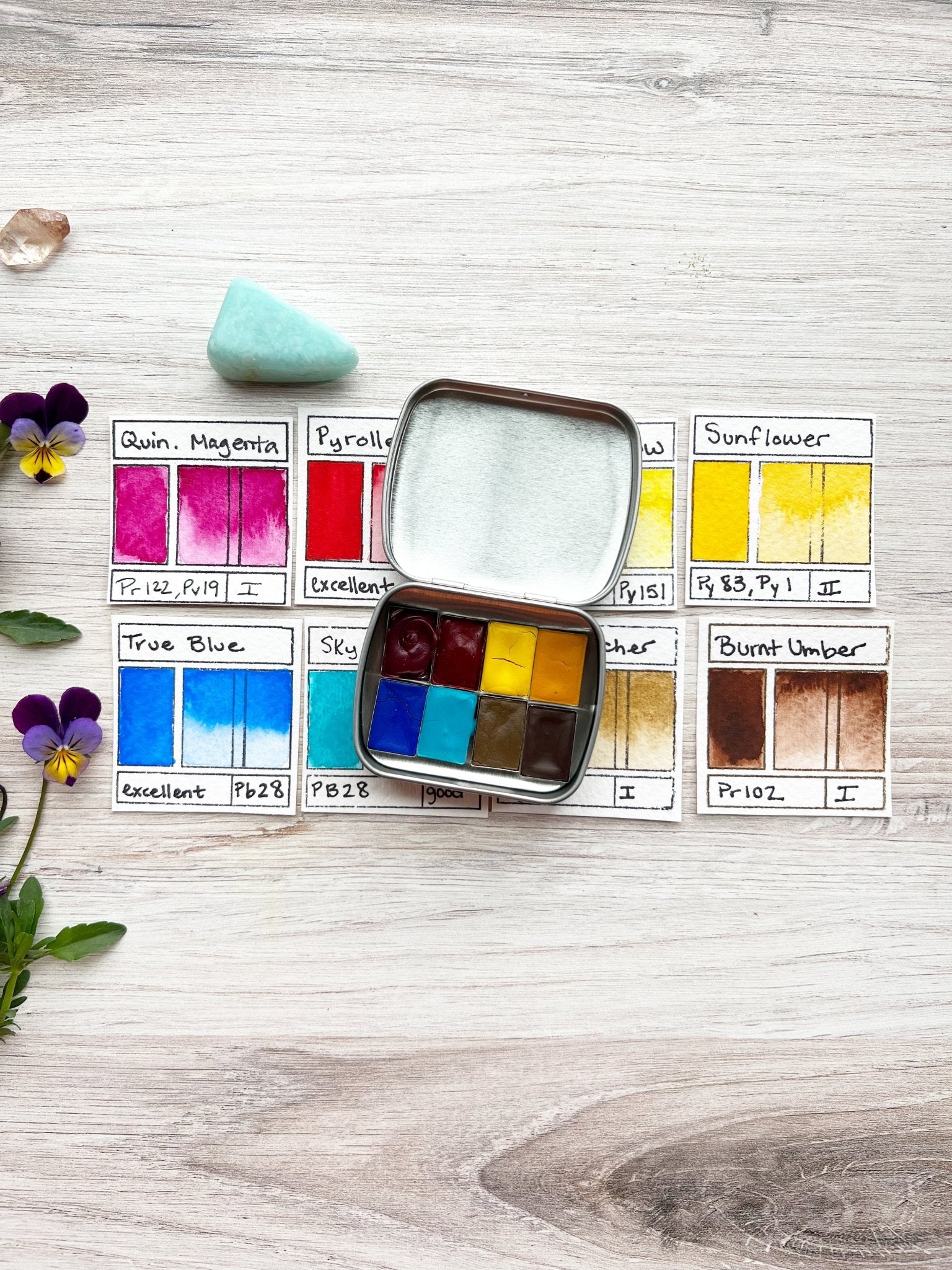 The Long Days Traveler's Palette, 8 colors of handmade paint in a travel tin - Ruby Mountain